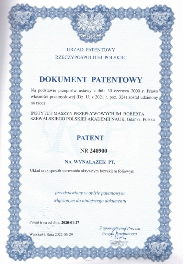 Patent na wynalazek: Układ oraz sposób sterowania aktywnym łożyskiem foliowym